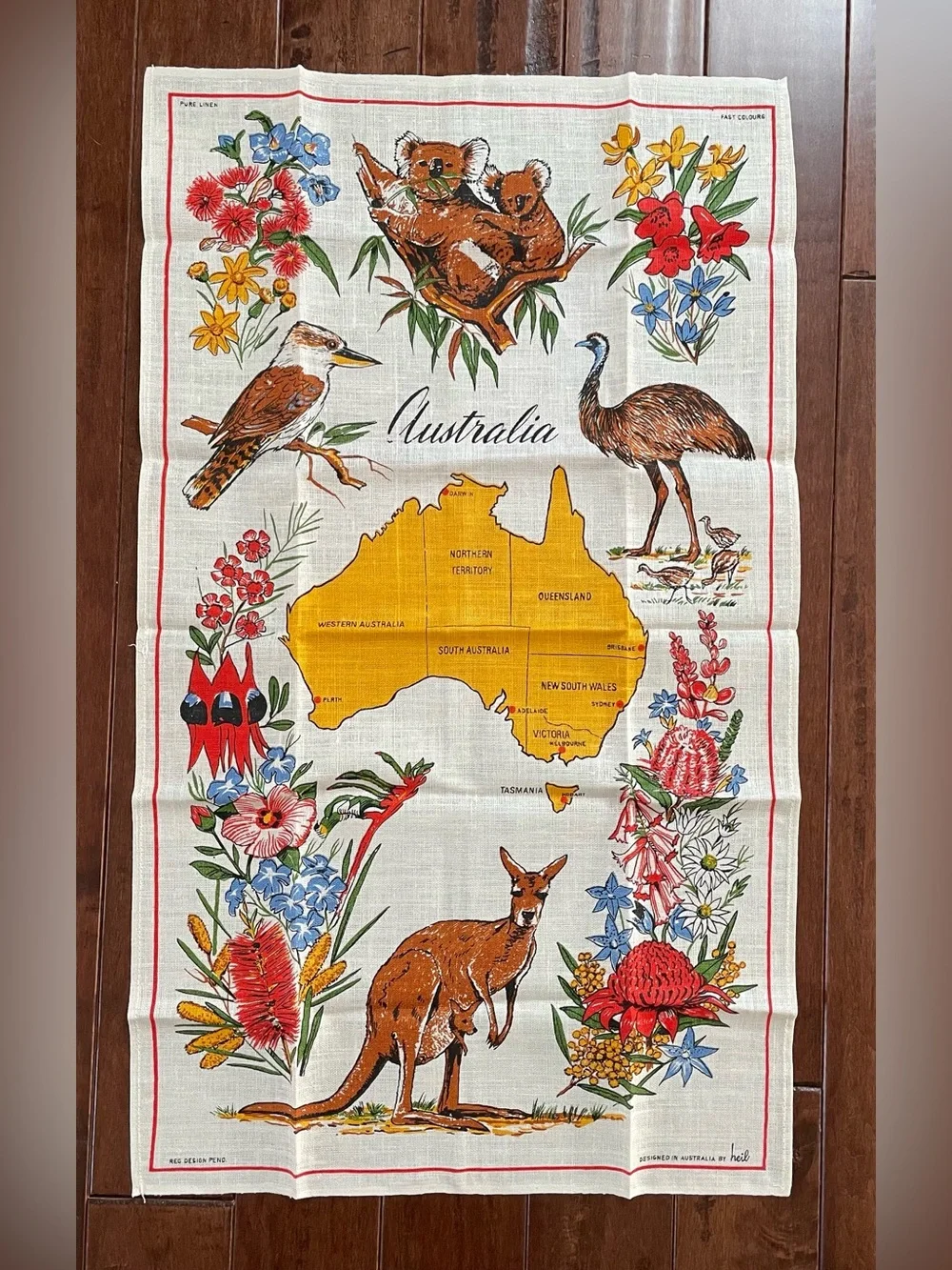 NEW *VINTAGE* Australia Souvenir Pure Linen Tea Towel with Koala, Kangaroo, etc